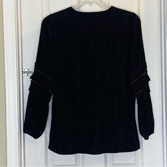 Chicos Black Beaded Ruffle Top 3/4 Sleeve Button Down Pullover Size 8 - Picture 12 of 12